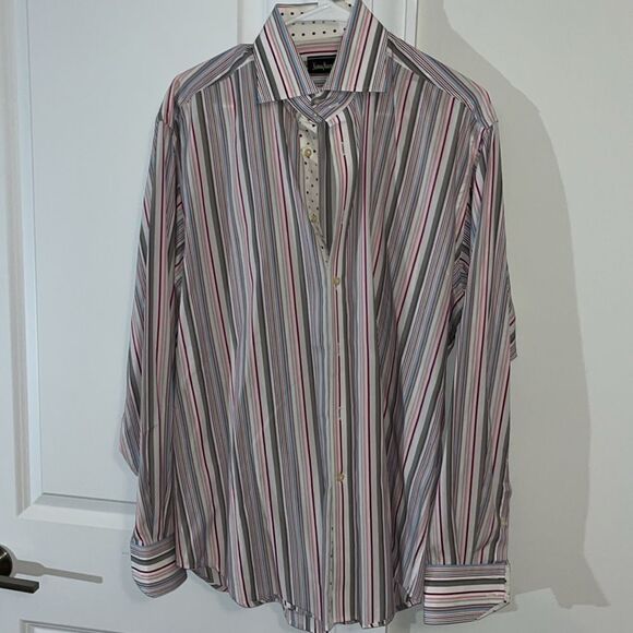 $175 Rainbow stripe & dots trim Neiman Marcus casual party Dress Shirt L men’s - Picture 1 of 5